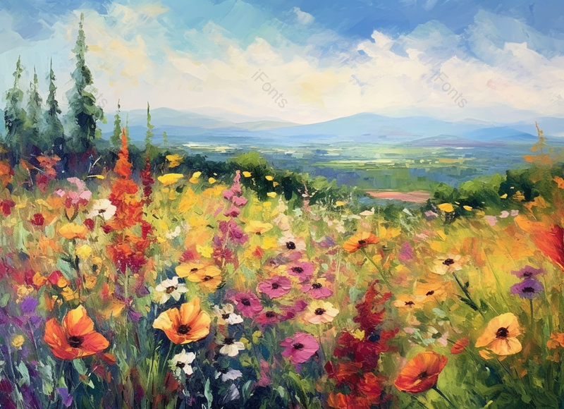 春天的高山上草地开满五颜六色的花印象派风格画,插画/手绘图,插画/手绘图库,插画/手绘图下载,插画/手绘